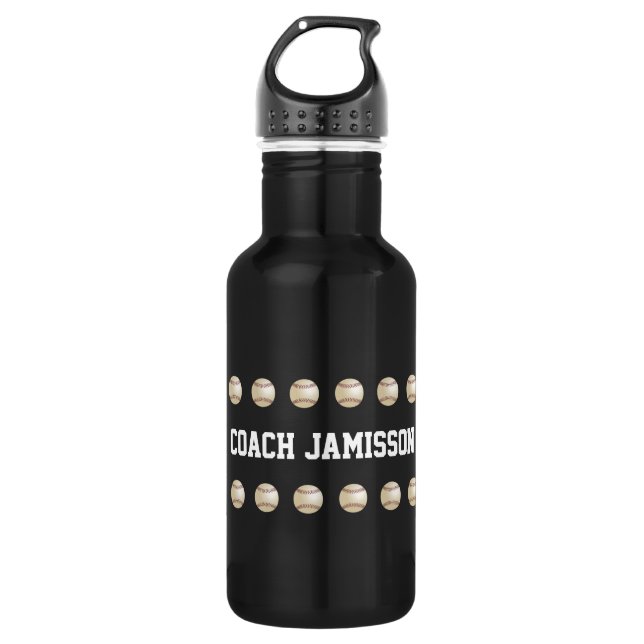 Water Bottle, Personalized, Baseball Coach, Black Bottle (Front)