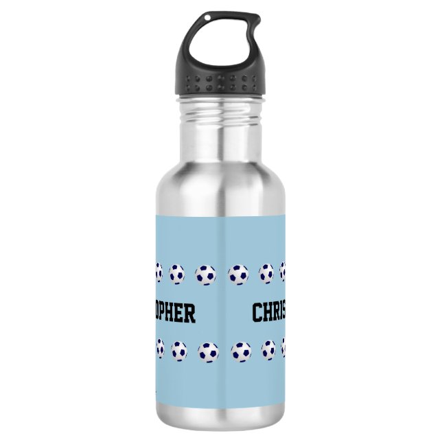 Water Bottle, Personalized, Soccer, Light Blue Stainless Steel Water Bottle (Front)