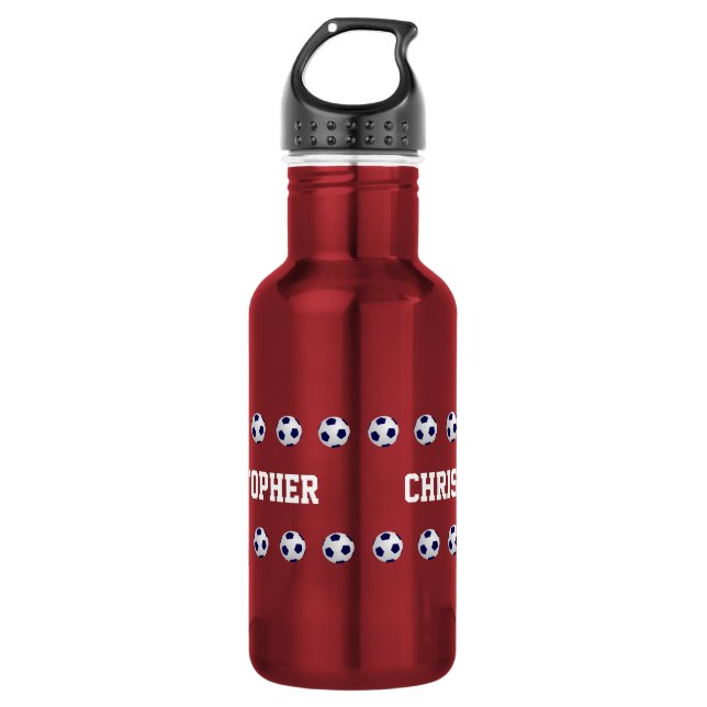 Water Bottle, Personalized, Soccer, Red Stainless Steel Water Bottle (Front)