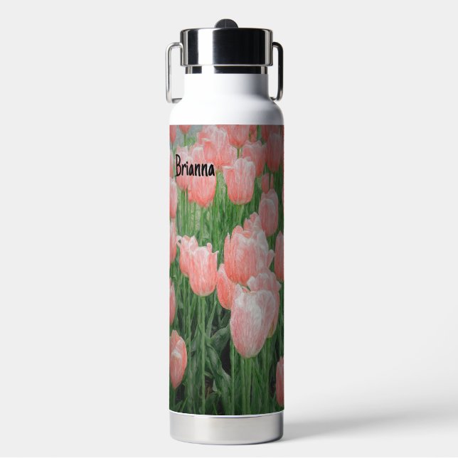 Water Bottle with Painted Pink Tulips (Front)