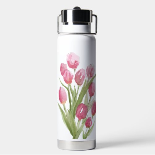 Water bottle with watercolor tulip design