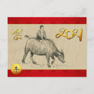 Water Buffalo Child Chinese Ox Year 2021 HpostC Holiday Postcard