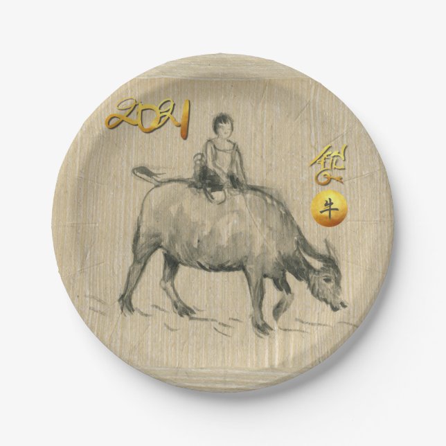 Water Buffalo Child Chinese Ox Year 2021 PP Paper Plates (Front)