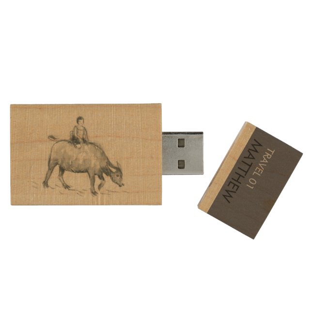 Water Buffalo Child Chinese Ox Year name USB Wood Flash Drive (Opened)
