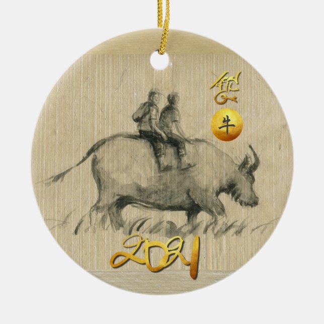Water Buffalo Children Chinese Ox Year 2021 CRO Ceramic Ornament (Front)