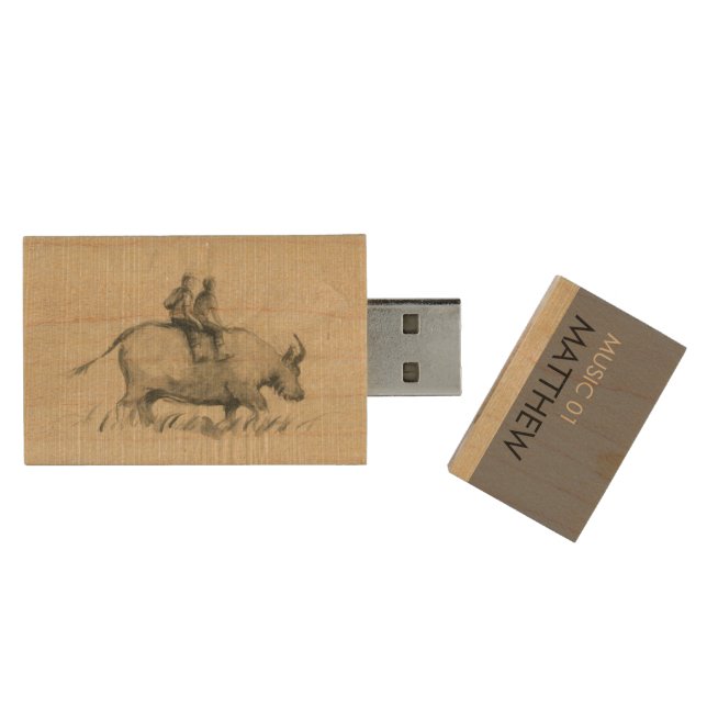 Water Buffalo Children Chinese Ox Year name USB Wood Flash Drive (Opened)
