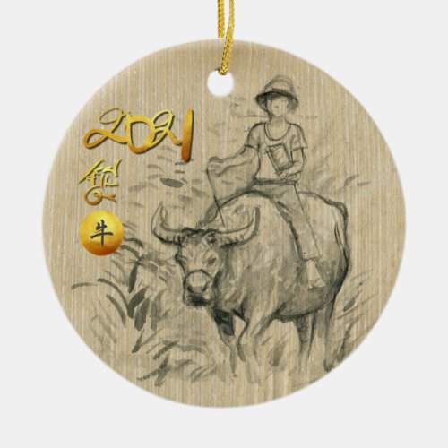 Water Buffalo Kid Chinese Ox Year 2021 CRO Ceramic Ornament