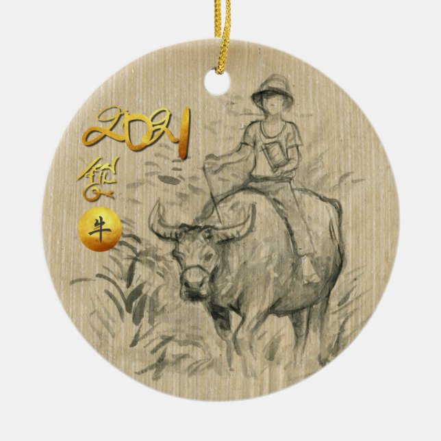 Water Buffalo Kid Chinese Ox Year 2021 CRO Ceramic Ornament (Front)