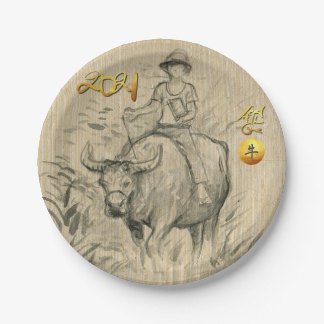 Water Buffalo Kid Chinese Ox Year 2021 PP Paper Plates (Front)