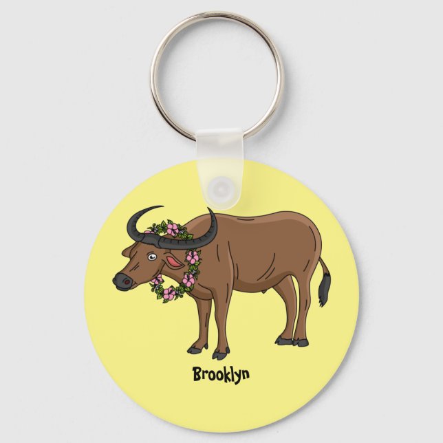 Water buffalo with flowers cartoon illustration keychain (Front)