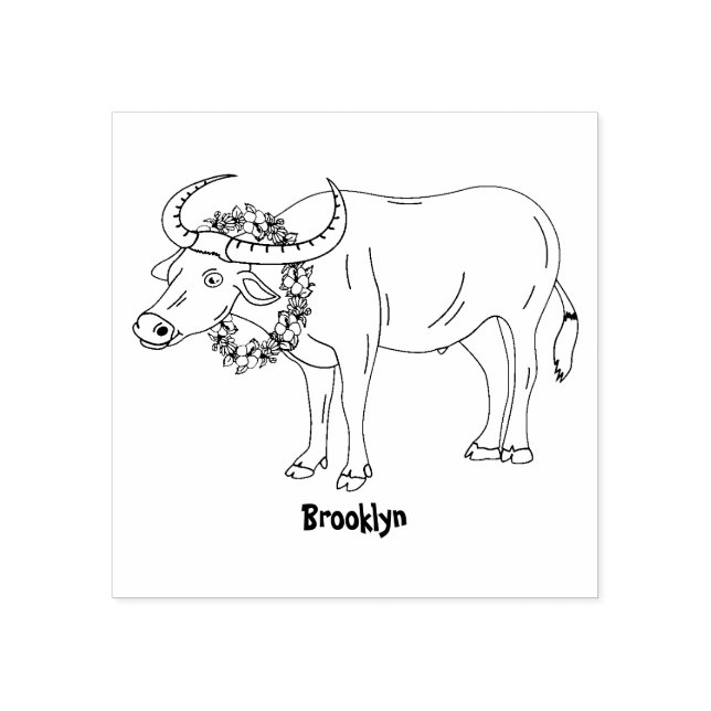 Water buffalo with flowers cartoon illustration rubber stamp (Imprint)
