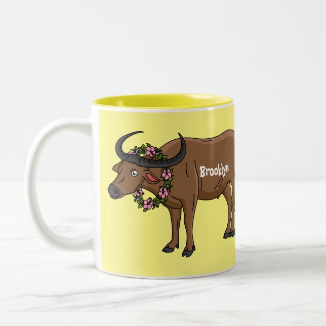 Water buffalo with flowers cartoon illustration  Two-Tone coffee mug (Left)