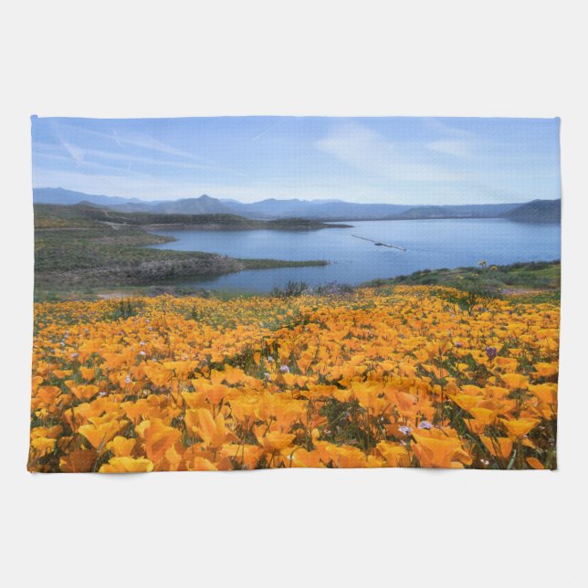 Water | California Lake With Golden Poppies Kitchen Towel (Horizontal)