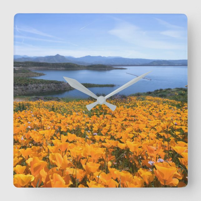 Water | California Lake With Golden Poppies Square Wall Clock (Front)