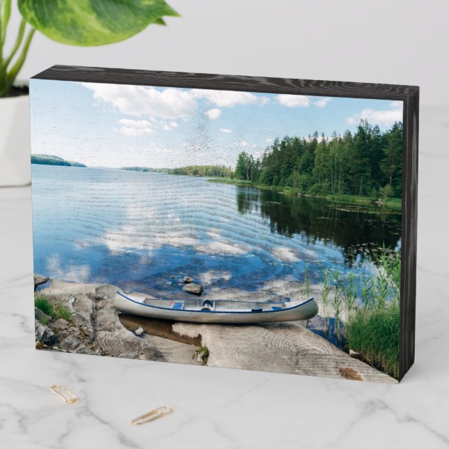 Water | Canoe on Lake in Sweden Wooden Box Sign (In Situ Horizontal)