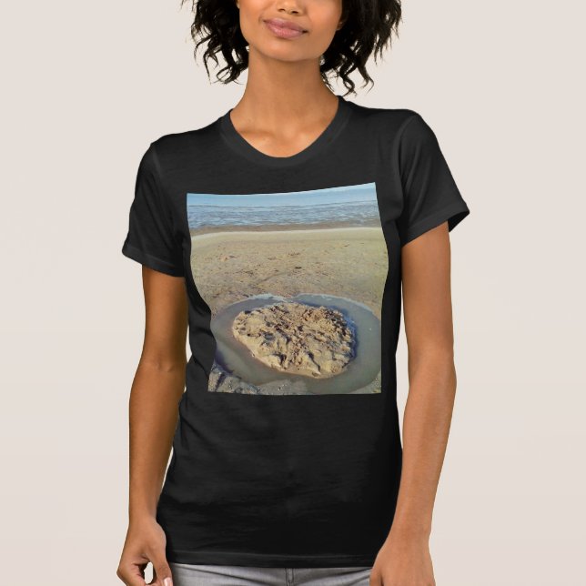 Water Circle in Sand on Beach, Summer Time T-Shirt (Front)