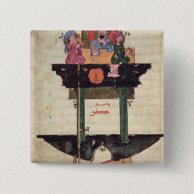 Water clock with automated figures pinback button (Front)