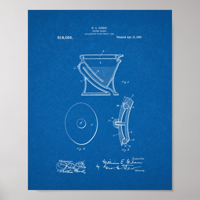 Water-closet - Toilet Patent - Blueprint Poster (Front)
