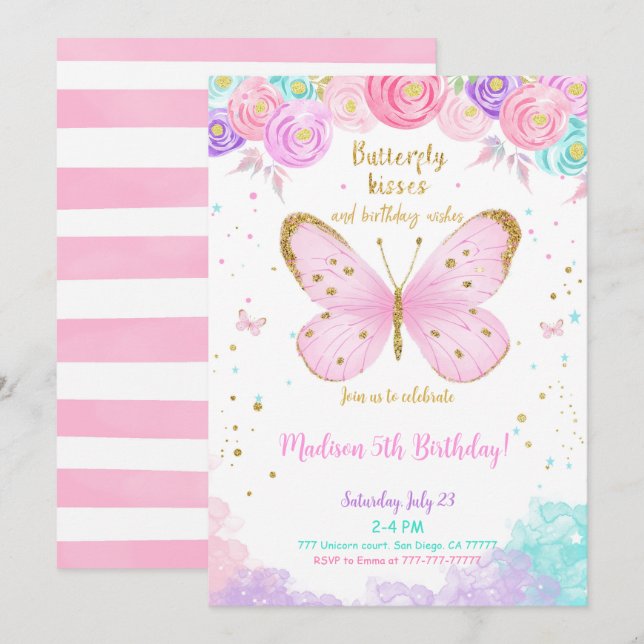 Water Color 5th Birthday Butterfly Invitation (Front/Back)