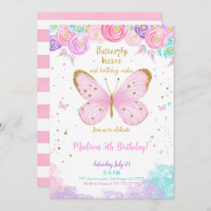 Water Color 5th Birthday Butterfly Invitation