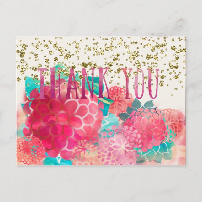 Water color and Gold Sequined Thank You Postcard (Front)