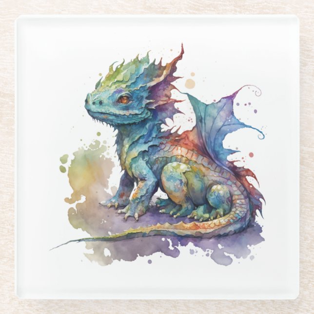 Water color baby dragon whimsical coaster (Front)
