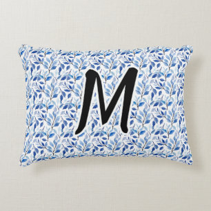 Water Color Blue Leaf Mosaic Fine Art Monogram Accent Pillow