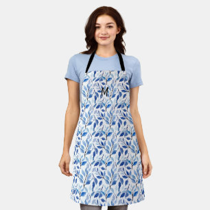 Water Color Blue Leaf Mosaic Fine Art Monogram Apron