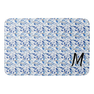 Water Color Blue Leaf Mosaic Fine Art Monogram Bath Mat