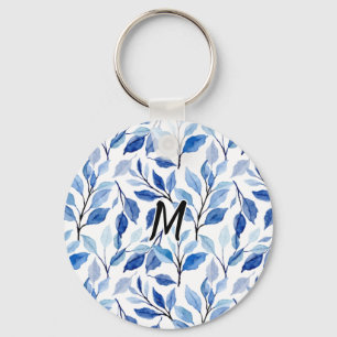 Water Color Blue Leaf Mosaic Fine Art Monogram Keychain