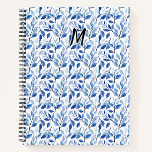 Water Color Blue Leaf Mosaic Fine Art Monogram Notebook