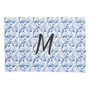 Water Color Blue Leaf Mosaic Fine Art Monogram Pillow Case