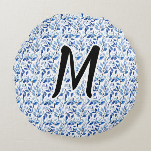 Water Color Blue Leaf Mosaic Fine Art Monogram Round Pillow