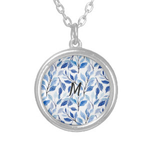 Water Color Blue Leaf Mosaic Fine Art Monogram Silver Plated Necklace