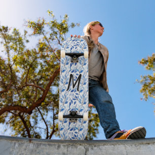 Water Color Blue Leaf Mosaic Fine Art Monogram Skateboard