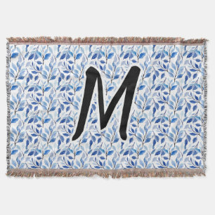 Water Color Blue Leaf Mosaic Fine Art Monogram Throw Blanket