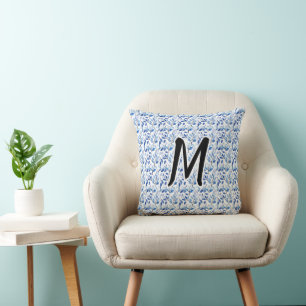 Water Color Blue Leaf Mosaic Fine Art Monogram Throw Pillow