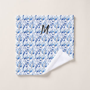 Water Color Blue Leaf Mosaic Fine Art Monogram Wash Cloth