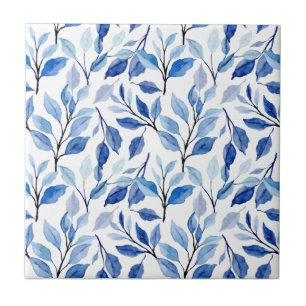 Water Color Blue Leaf Waves Teal Mosaic Fine Art Ceramic Tile