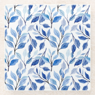 Water Color Blue Leaf Waves Teal Mosaic Fine Art Glass Coaster