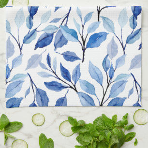 Water Color Blue Leaf Waves Teal Mosaic Fine Art Kitchen Towel