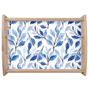 Water Color Blue Leaf Waves Teal Mosaic Fine Art Serving Tray