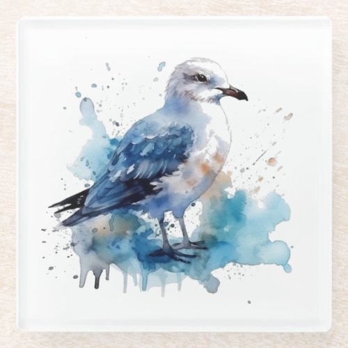 water color blue seagull standing on the beach glass coaster