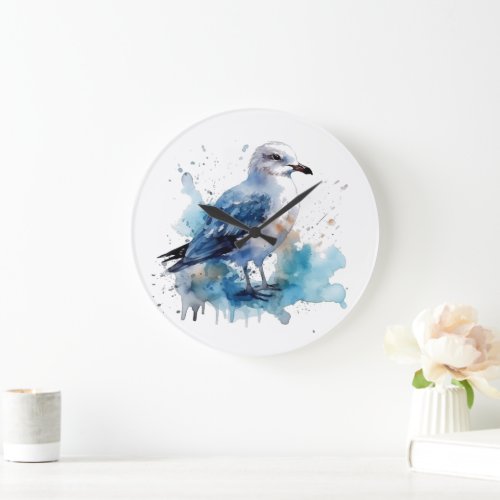 water color blue seagull standing on the beach large clock
