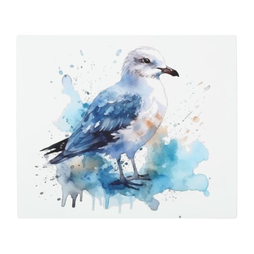 water color blue seagull standing on the beach metal print
