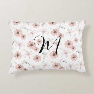 Water Color Blush Pink Flowers Art Monogram Accent Pillow
