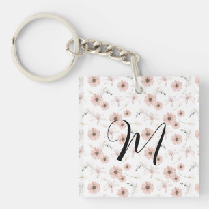 Water Color Blush Pink Flowers Art Monogram Keychain