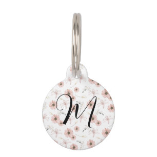 Water Color Blush Pink Flowers Art Monogram Pet ID Tag