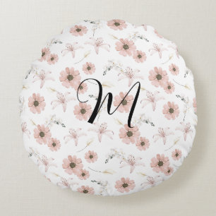 Water Color Blush Pink Flowers Art Monogram Round Pillow