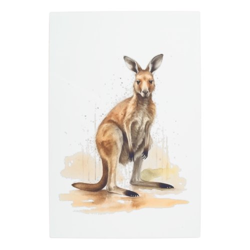 water color brown kangaroo standing in the desert metal print